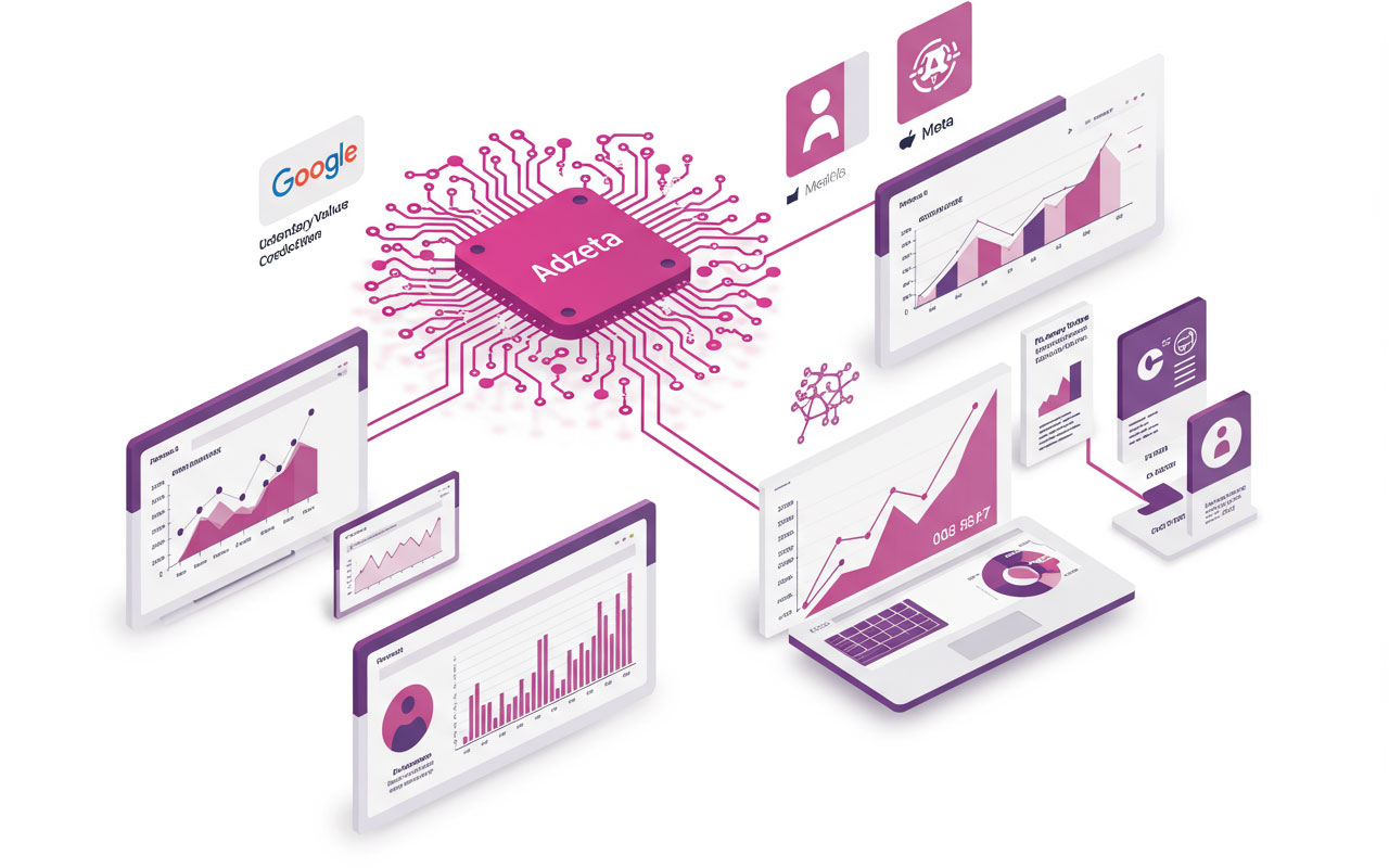 Conceptual graphic of Adzeta AI analyzing e-commerce data to predict Customer Lifetime Value