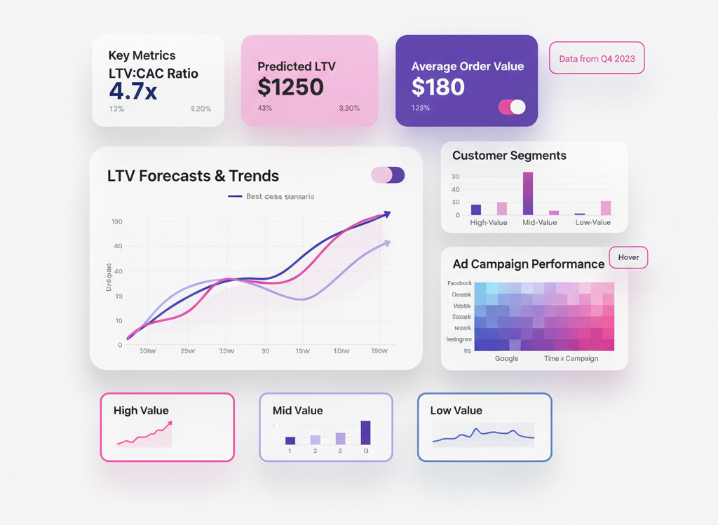 Interface displaying e-commerce LTV predictions and optimization metrics