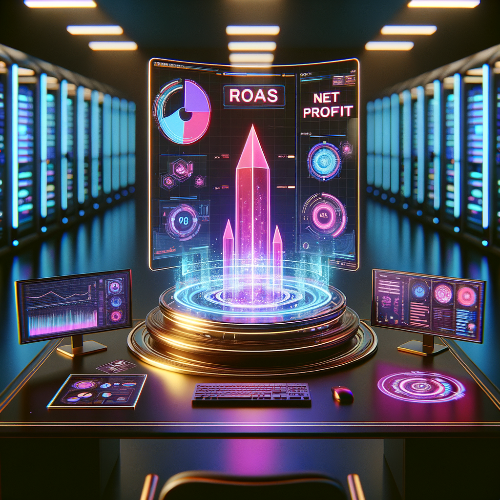 Futuristic command center showing ROAS crumbling and Profit rising